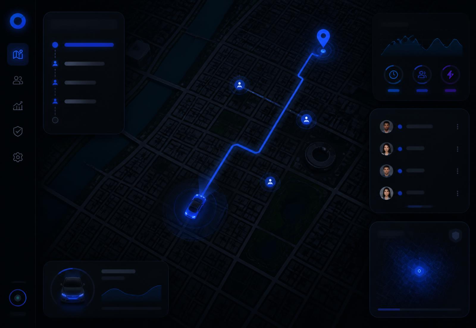 Live OCC trip map showing a driver, a glowing commute route and pooled riders